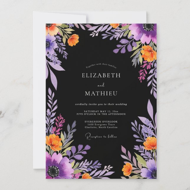 Invitación Boda Botánica Dramática Negra (Anverso)