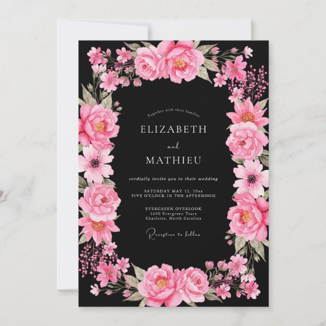 Invitación Boda Botánica Dramática Rosa Brillante (Anverso)