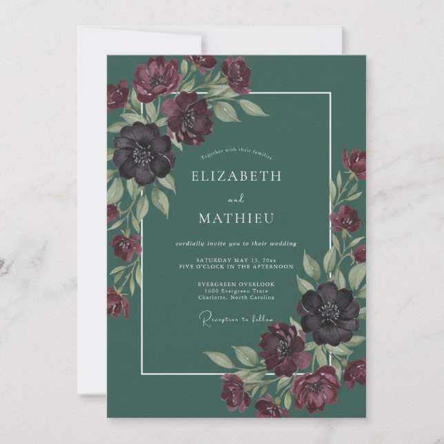 Invitación Boda Botánica Dramática Verde Pino (Anverso)
