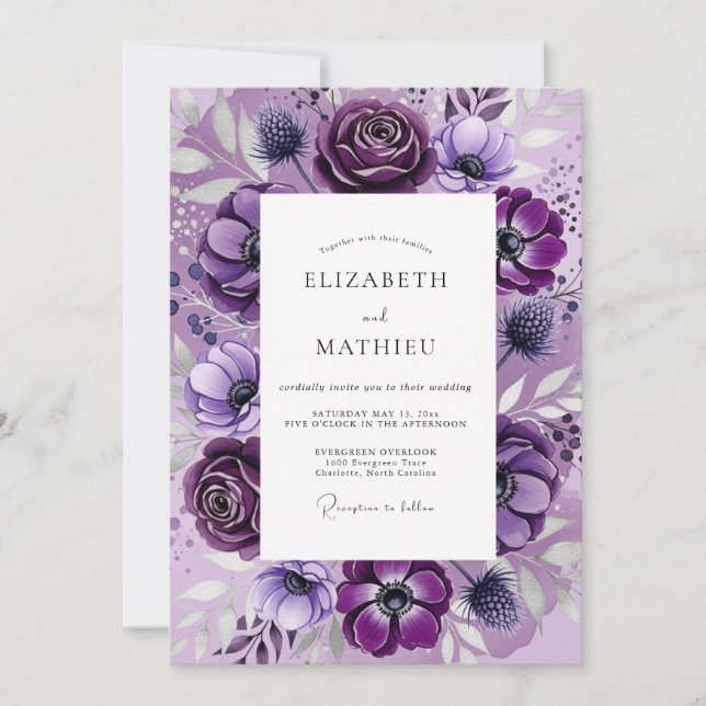 Invitación Boda Botánica Dramática Violeta (Anverso)