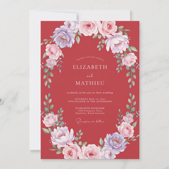 Invitación Boda Botánica Elaborada Carmesí (Anverso)