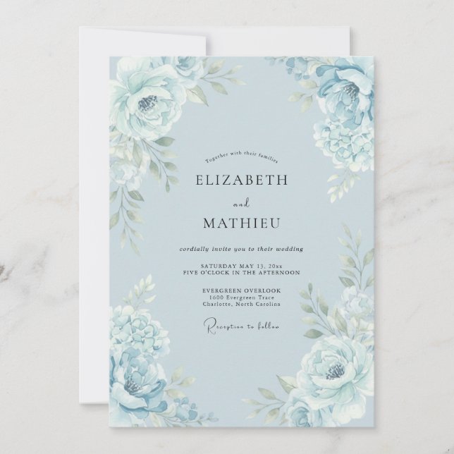 Invitación Boda Botánica Elegante Azul Claro (Anverso)