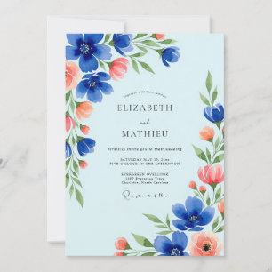 Invitación Boda Botánica Elegante Azul Cobalto