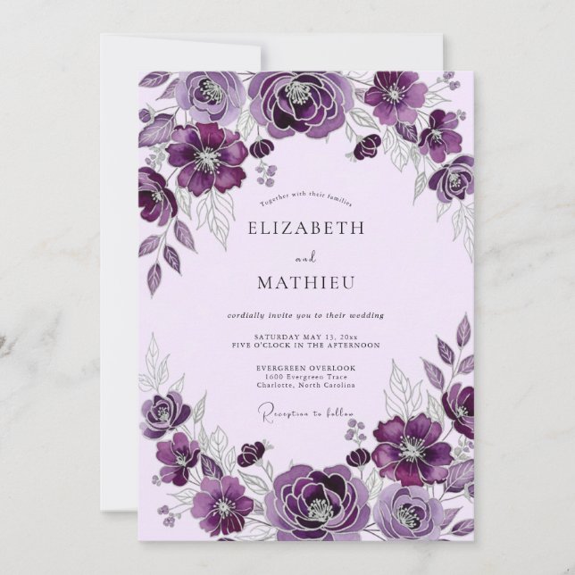 Invitación Boda Botánica Elegante Ciruela (Anverso)