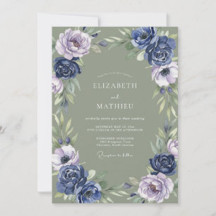 Invitación Boda Botánica Elegante con Verde Salvia y Azul Mar