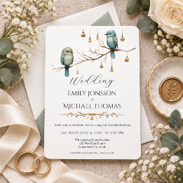 Invitación Boda Botánica Elegante de Aves Azules en el Bosque