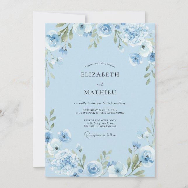 Invitación Boda Botánica Elegante de Azul Cielo (Anverso)