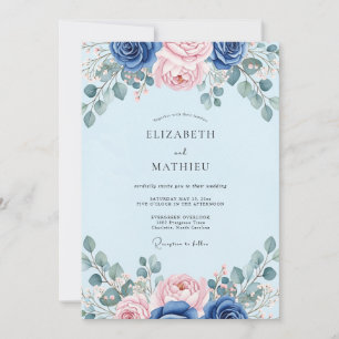 Invitación Boda Botánica Elegante de Azul Claro