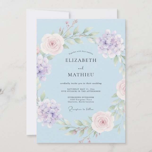 Invitación Boda Botánica Elegante de Azul Pálido (Anverso)