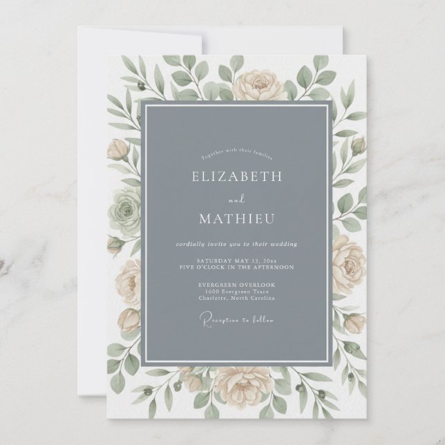 Invitación Boda Botánica Elegante de Azul Pizarra (Anverso)
