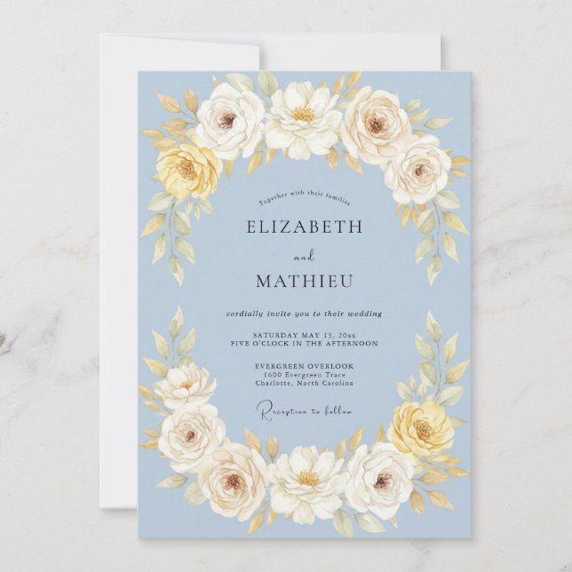 Invitación Boda Botánica Elegante de Azul Polvo (Anverso)