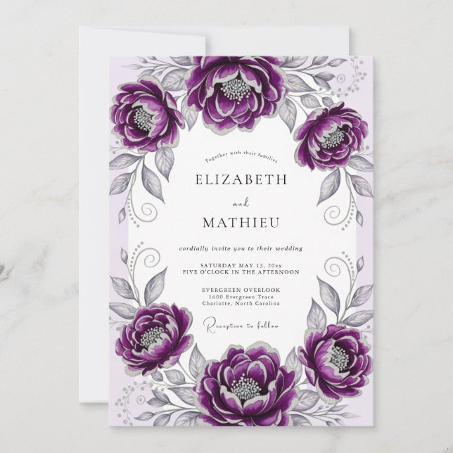 Invitación Boda Botánica Elegante de Ciruela (Anverso)