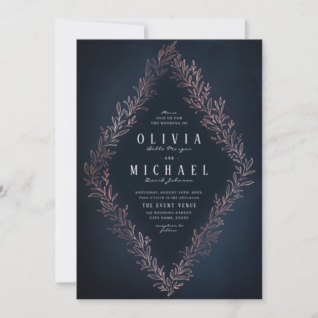 Invitación Boda botánica elegante de la marina dorada rosa do (Anverso)