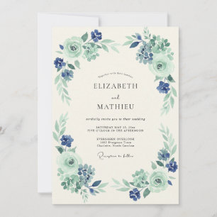 Invitación Boda Botánica Elegante de Menta y Azul Marino