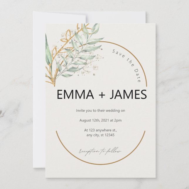 Invitación Boda Botánica Elegante De Oro De Verdor (Anverso)