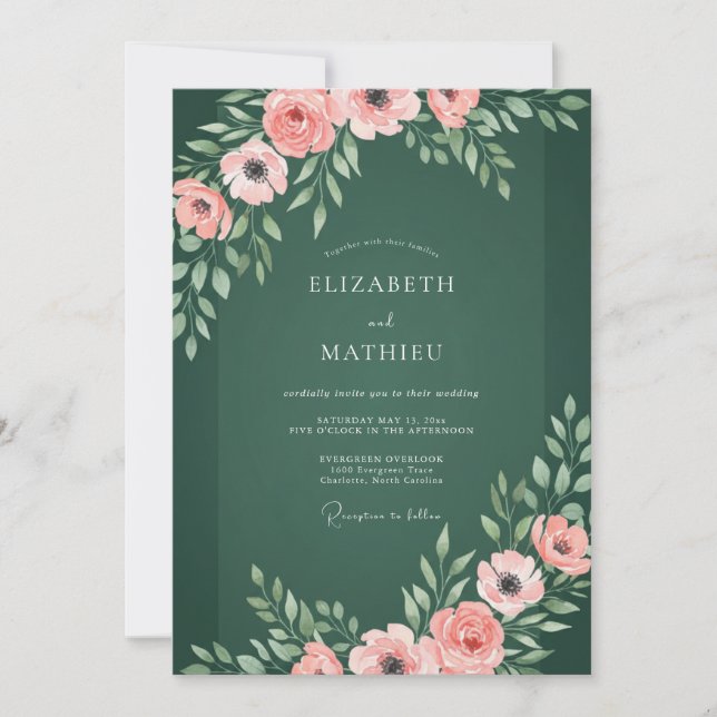 Invitación Boda Botánica Elegante de Verde Esmeralda (Anverso)