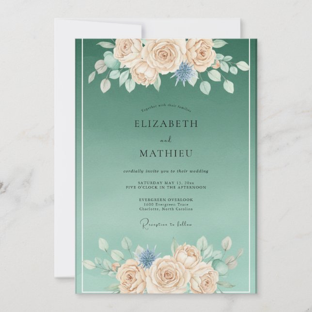 Invitación Boda Botánica Elegante de Verde Espuma de Mar (Anverso)