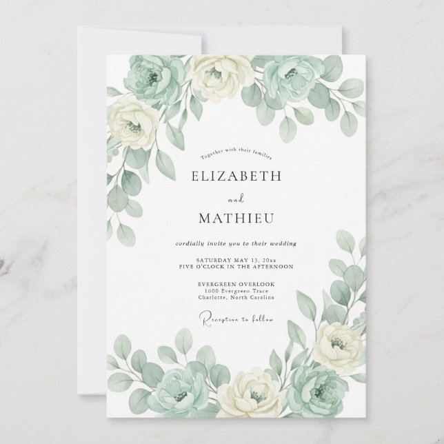 Invitación Boda Botánica Elegante de Verde Menta (Anverso)