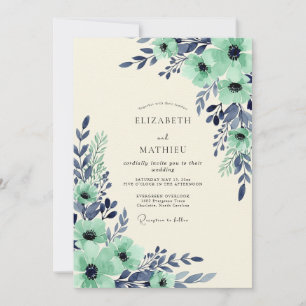 Invitación Boda Botánica Elegante de Verde Menta y Azul Marin