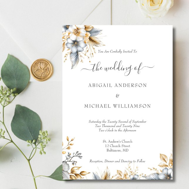 Invitación Boda Botánica Elegante Dorada Plata Floral (Gold Silver Floral Botanical Watercolor Elegant Traditional Wedding invitation. Printed or Digital )