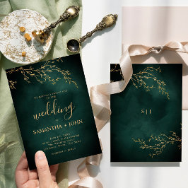 Invitación Boda Botánica Elegante Emeralda Verde y Oro