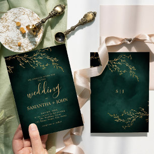Invitación Boda Botánica Elegante Emeralda Verde y Oro