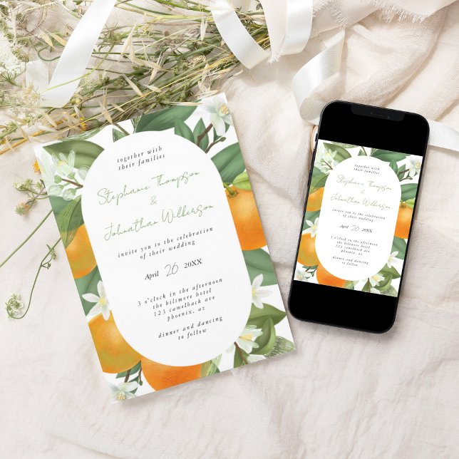 Invitación Boda Botánica Elegante Naranja Mandarín (Mandarin orange wedding invitation)