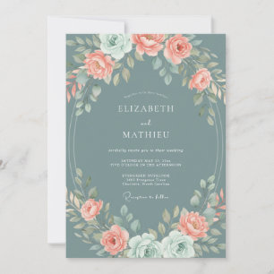 Invitación Boda Botánica Elegante Pizarra Verde Azulada