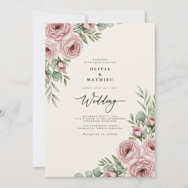 Invitación Boda Botánica Elegante Rosa Rubor (Anverso)