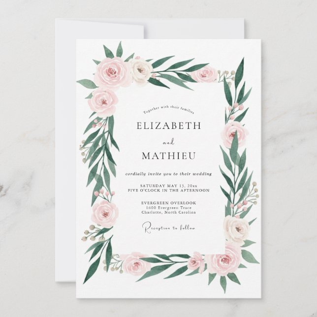 Invitación Boda Botánica Elegante Rosa Rubor (Anverso)