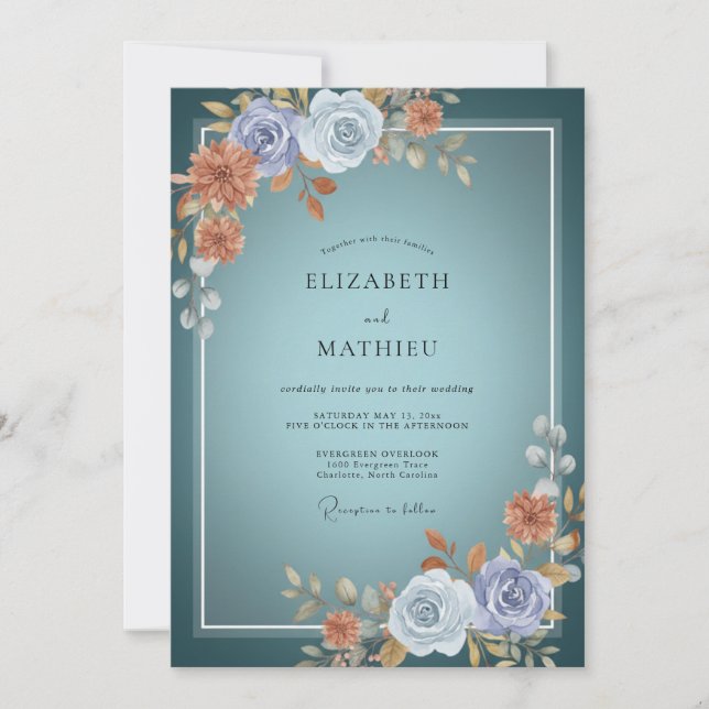 Invitación Boda Botánica Elegante Teal (Anverso)