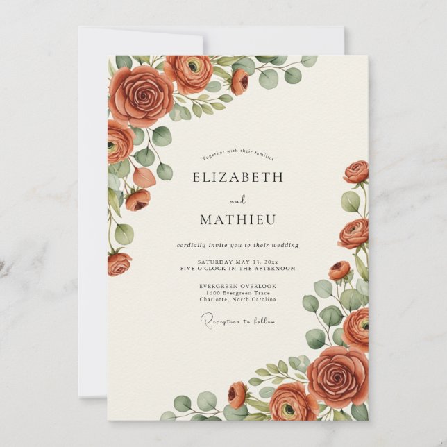 Invitación Boda Botánica en Flor de Terracota (Anverso)