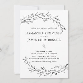 Invitación Boda botánica en negro y blanco dibujada a mano