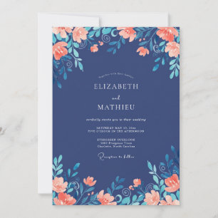 Invitación Boda Botánica Encantada Azul Cobalto