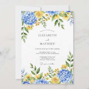 Invitación Boda Botánica Encantadora de Azul Amarillo