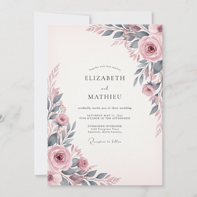 Invitación Boda Botánica Encantadora de Rosa Polvorienta (Anverso)