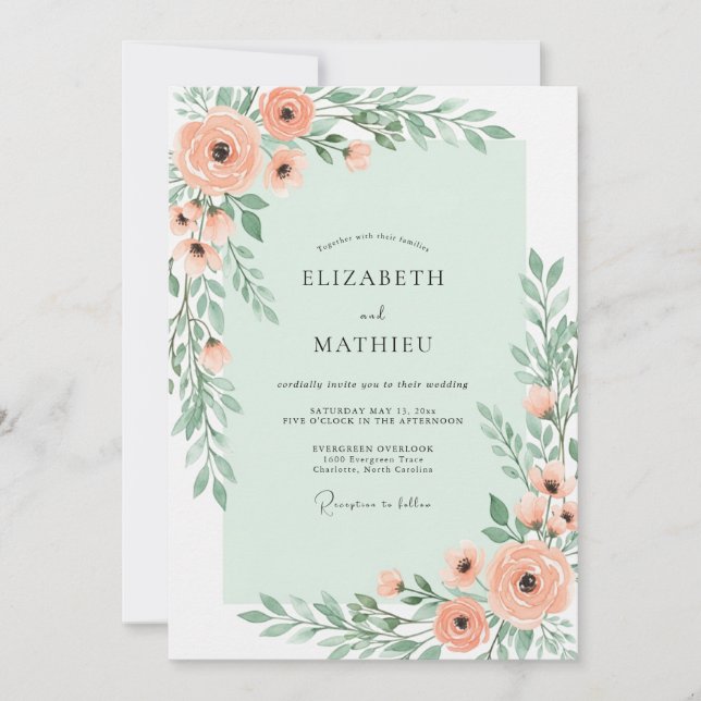 Invitación Boda Botánica Encantadora Verde Menta (Anverso)