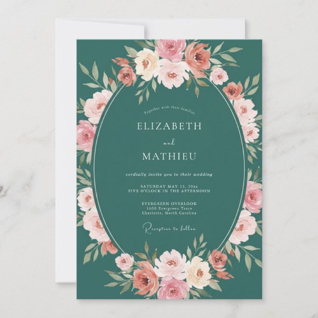 Invitación Boda Botánica Encantadora Verde Turquesa (Anverso)