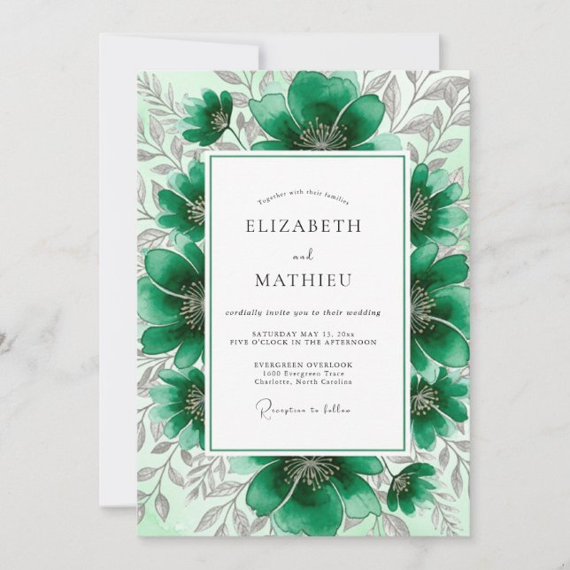Invitación Boda Botánica Escarchada Verde Esmeralda (Anverso)