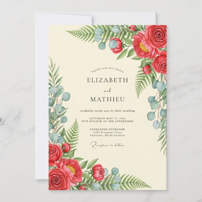 Invitación Boda Botánica Escénica Escarlata (Anverso)