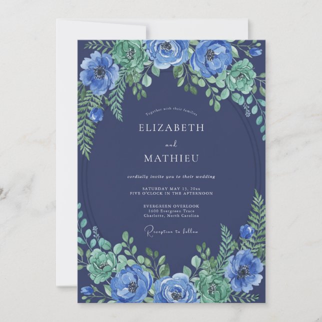 Invitación Boda Botánica Espléndida Azul Marino (Anverso)