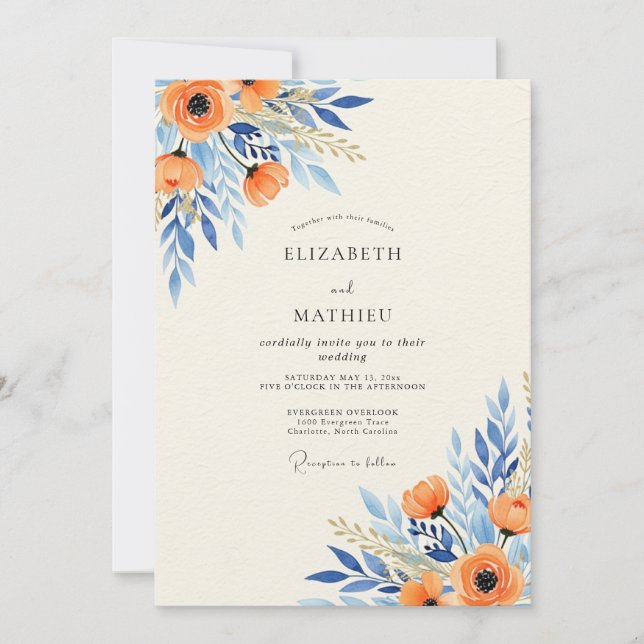 Invitación Boda Botánica Espléndida Azul Naranja (Anverso)