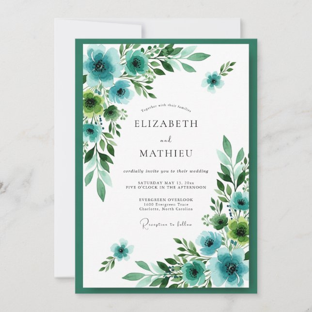 Invitación Boda Botánica Espléndida Azul Verde (Anverso)