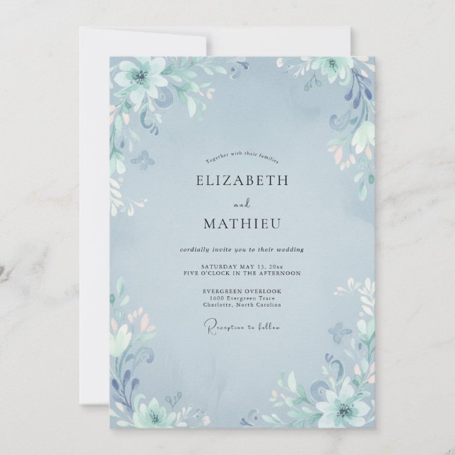 Invitación Boda Botánica Etérea de Azul Acero (Anverso)