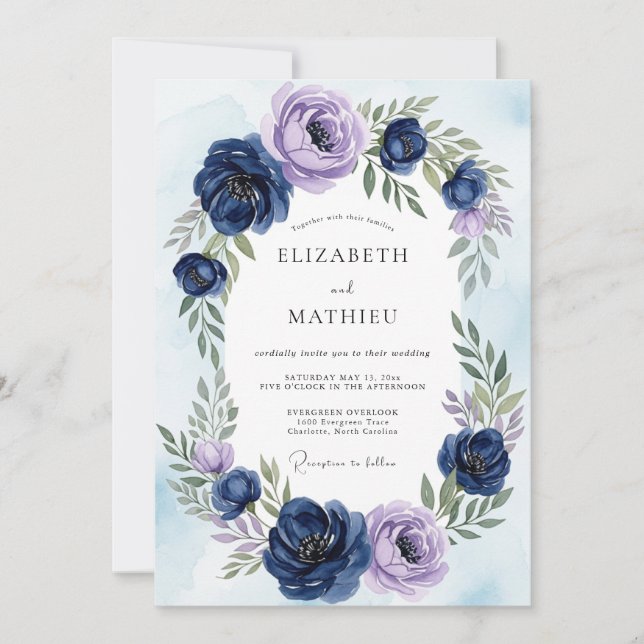 Invitación Boda Botánica Etérea de Azul Marino (Anverso)