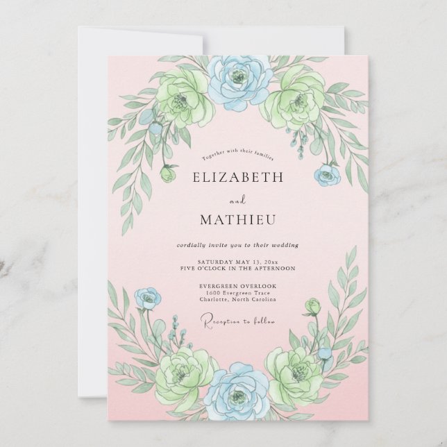 Invitación Boda Botánica Etérea de Azul Polvo (Anverso)