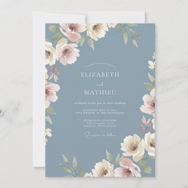 Invitación Boda Botánica Etérea de Azul Polvoriento (Anverso)