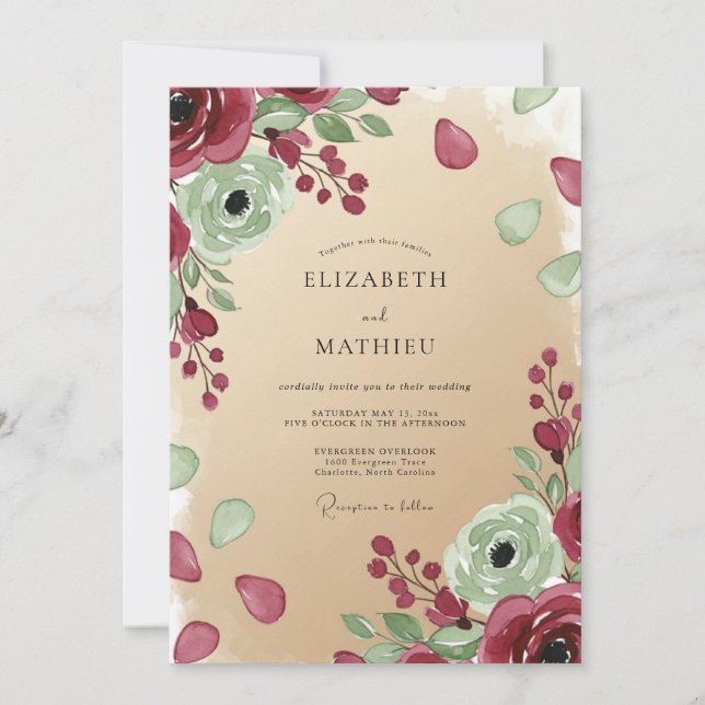 Invitación Boda Botánica Etérea de Borgoña (Anverso)