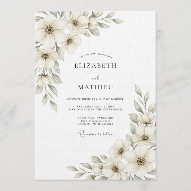 Invitación Boda Botánica Etérea de Crema (Anverso)