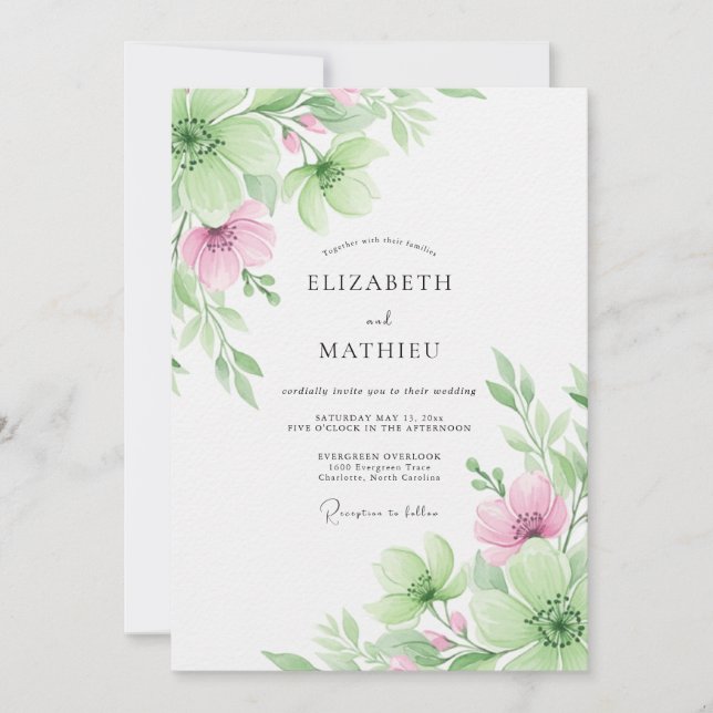 Invitación Boda Botánica Etérea de Rosa Pálido (Anverso)
